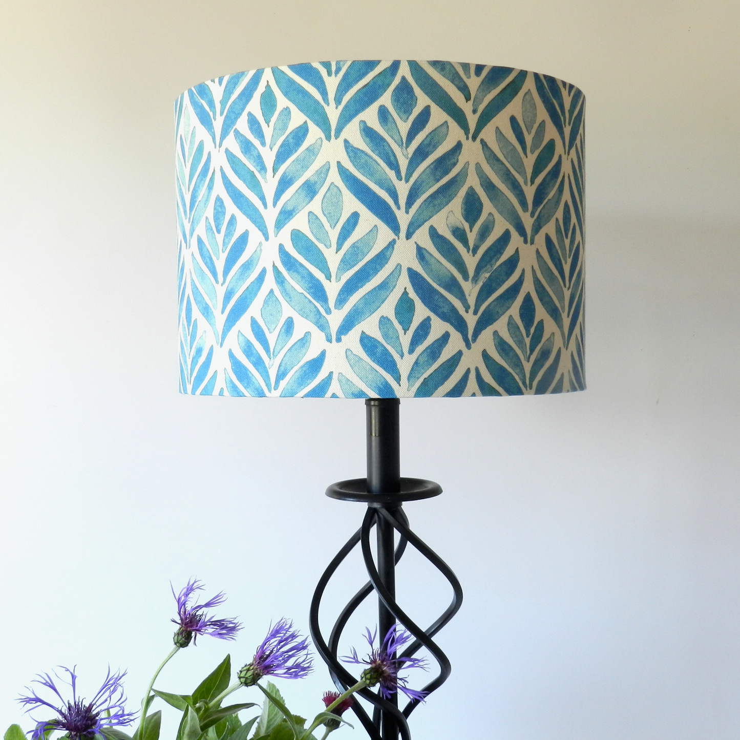 Handmade Watercolour Leaves Lampshade, Blue & Natural