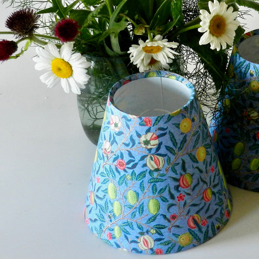 Handmade William Morris Candle Clip Lampshade. Blue Pomegranate design