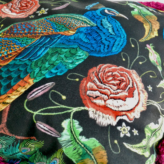 Black Velvet Peacock and Roses Cushion