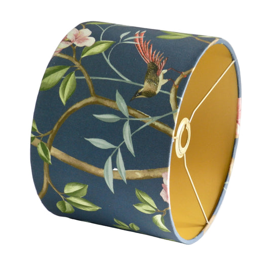 Handmade Chinoiserie Lampshade: Bird & Blossom Blue with Gold Lining