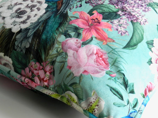 Whimsical Velvet Peacock Cushion Cover - Peacock Floral Design - Eclectic Style - Throw Cushions