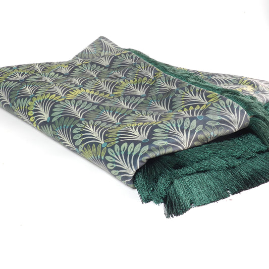 Art Deco Velvet Throw Blanket: Emerald Fringe Peacock Fan Design