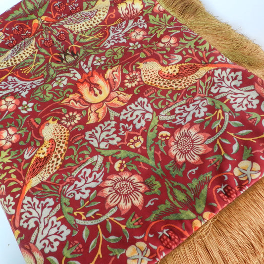 Wiliam Morris Red Velvet Throw Blanket with Gold Fringe: Strawberry Thief Design
