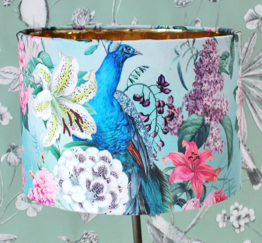 Handmade Velvet Lampshade: Peacock Blossom, Mirror Gold Lining. Optional Fringe