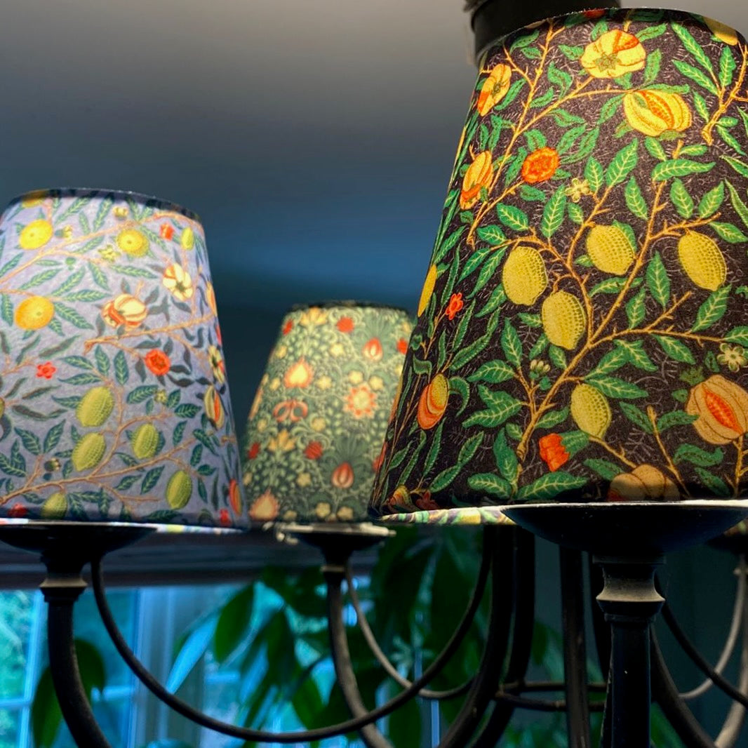 Handmade William Morris Candle Clip Lampshade. Blue Pomegranate design