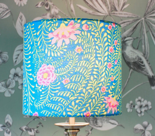 Handmade Floral Lampshade Green and Pink Flowers on Turquoise