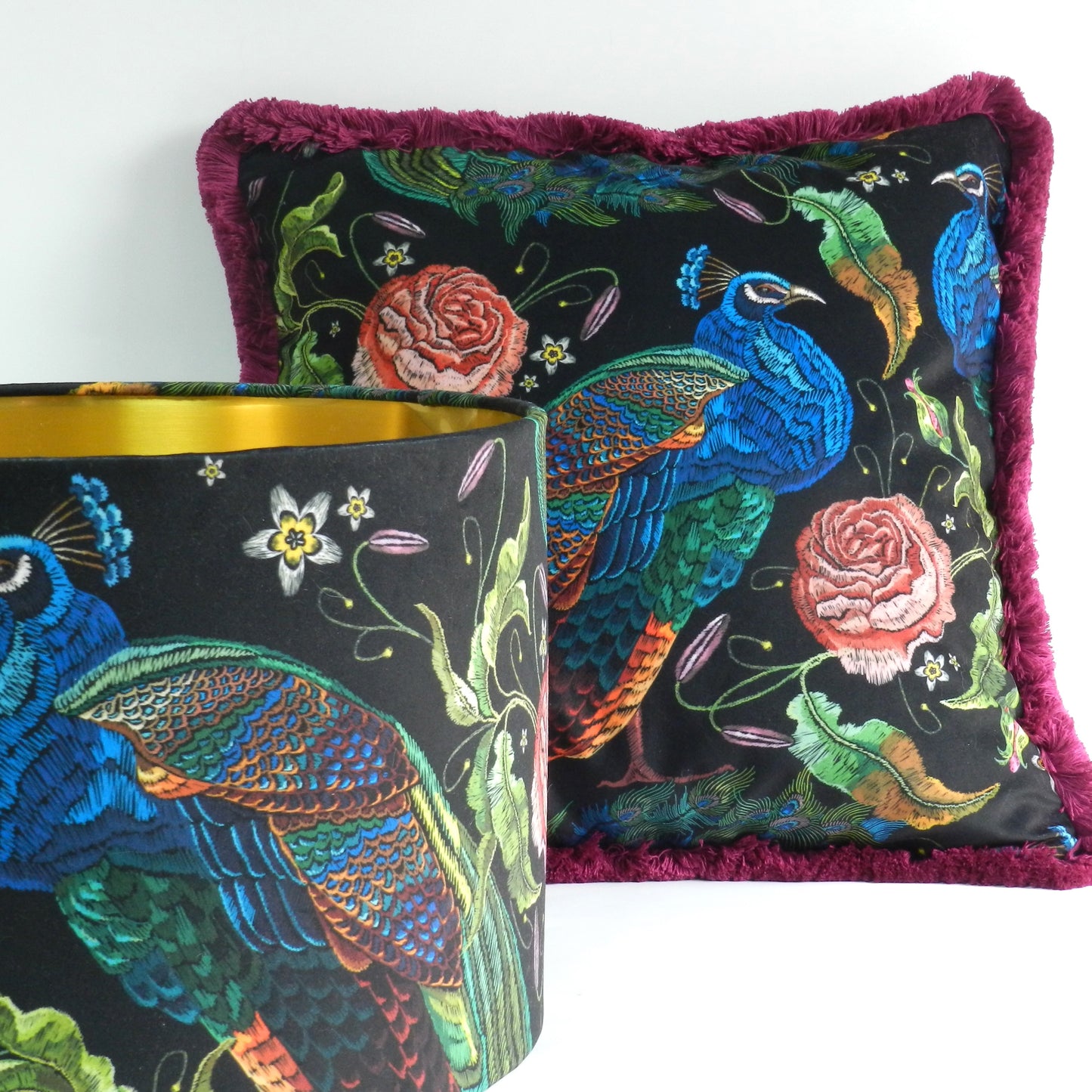 Black Velvet Peacock and Roses Cushion