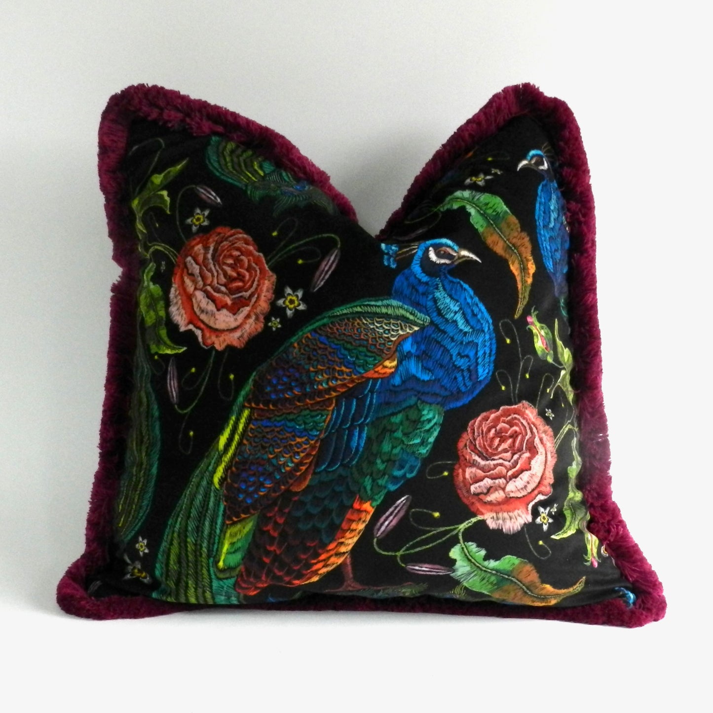 Black Velvet Peacock and Roses Cushion
