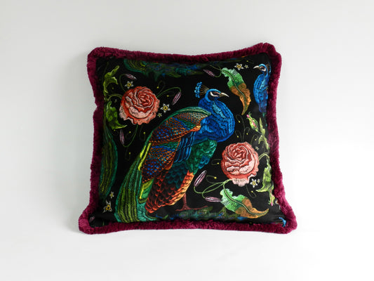 Black Velvet Peacock and Roses Cushion