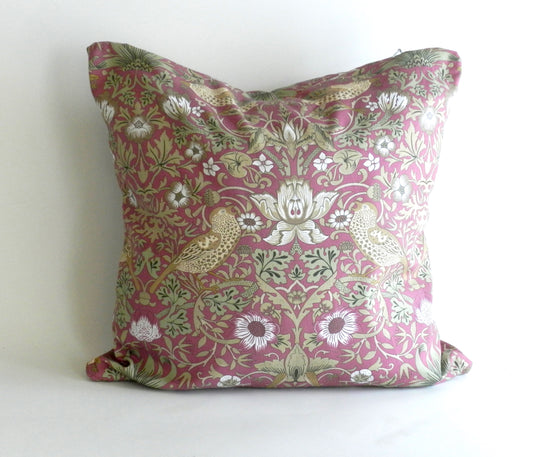 Pink Strawberry Thief Cushion Cover - William Morris Design | Magenta Floral and Bird Print | Throw Cushion