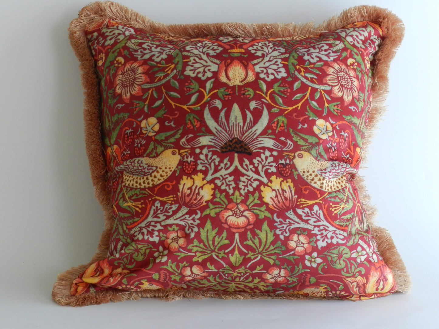 Red Velvet Strawberry Thief Cushion - William Morris Design
