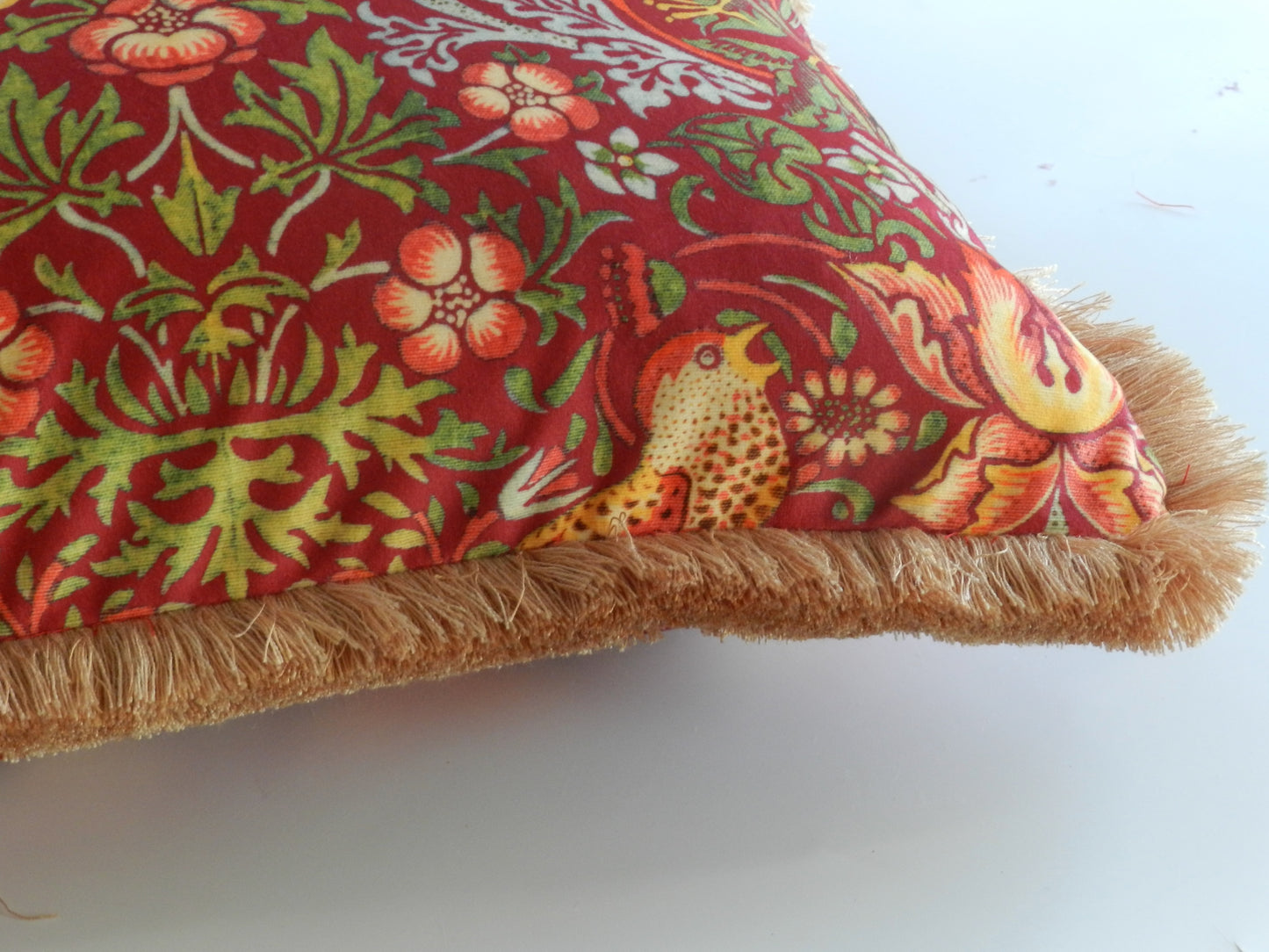 Red Velvet Strawberry Thief Cushion - William Morris Design
