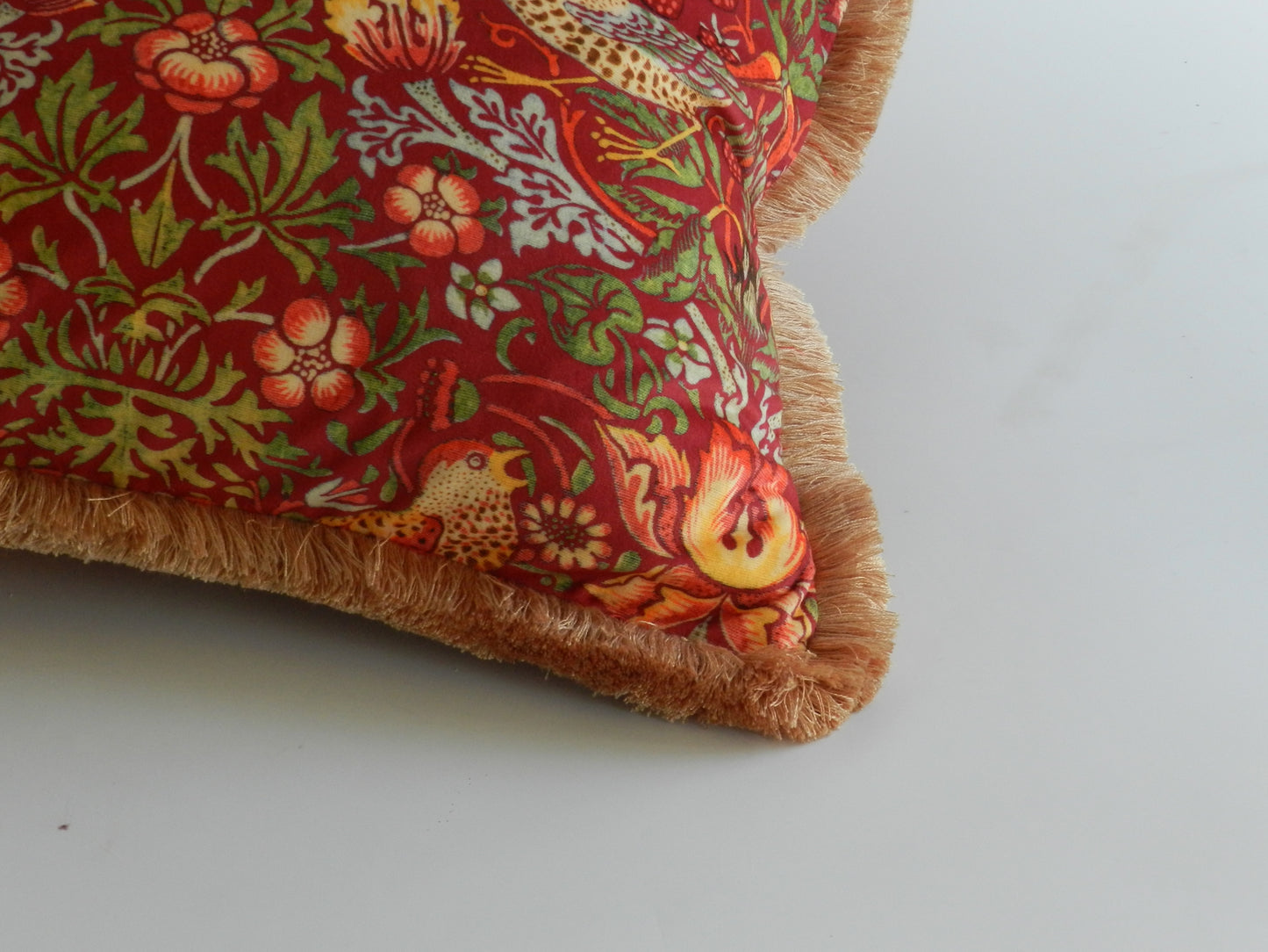 Red Velvet Strawberry Thief Cushion - William Morris Design