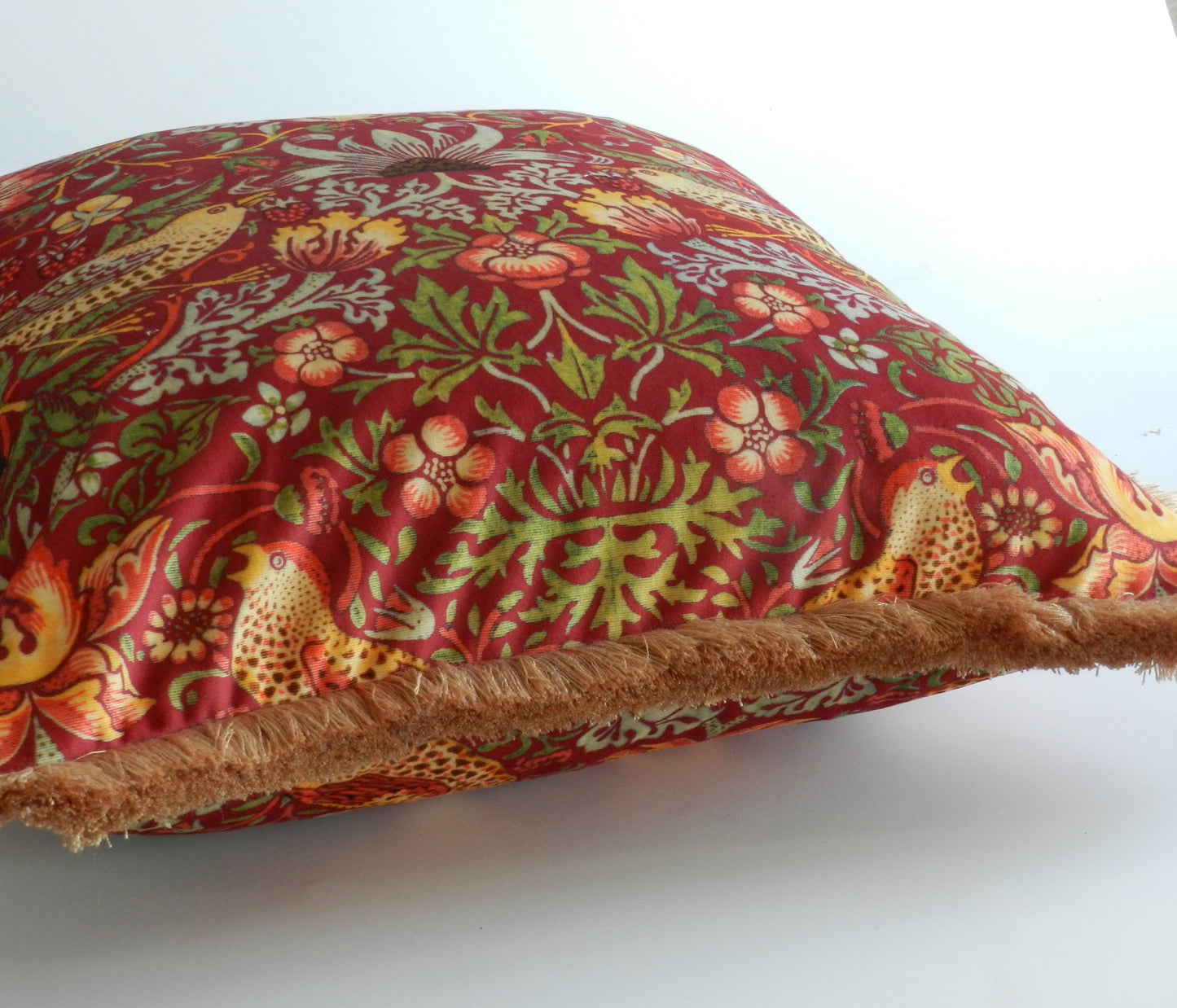 Red Velvet Strawberry Thief Cushion - William Morris Design