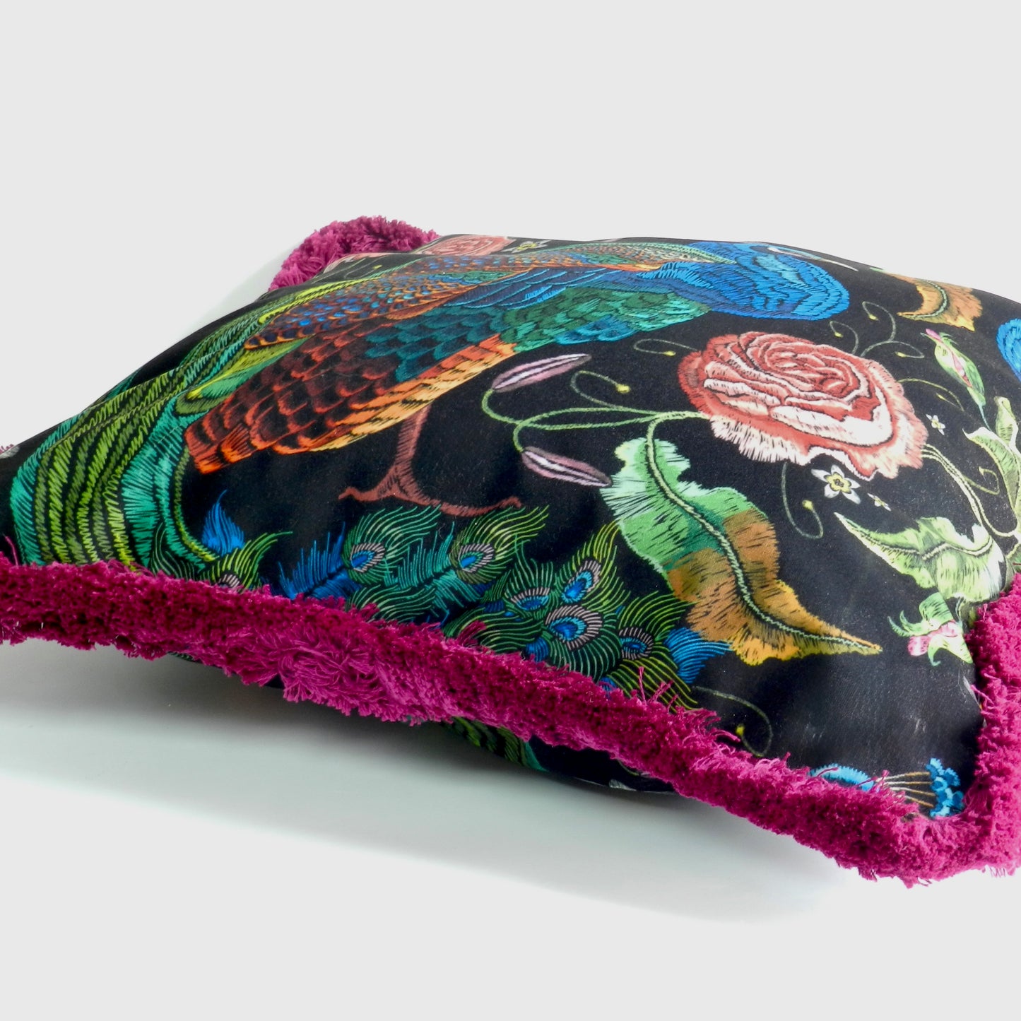 Black Velvet Peacock and Roses Cushion