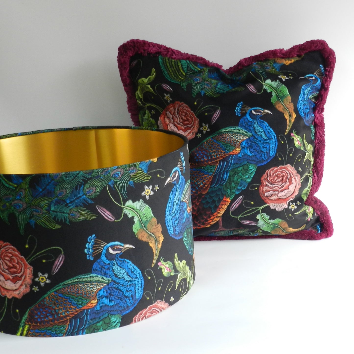 Black Velvet Peacock and Roses Cushion