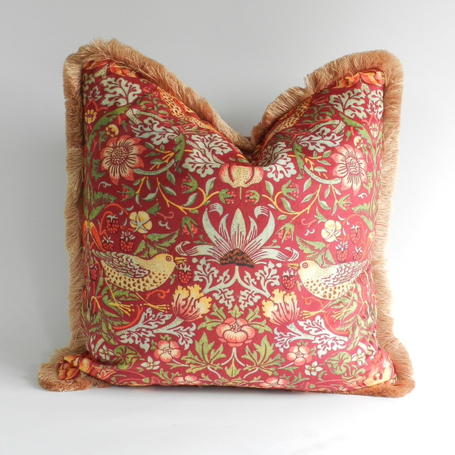 Red Velvet Strawberry Thief Cushion - William Morris Design