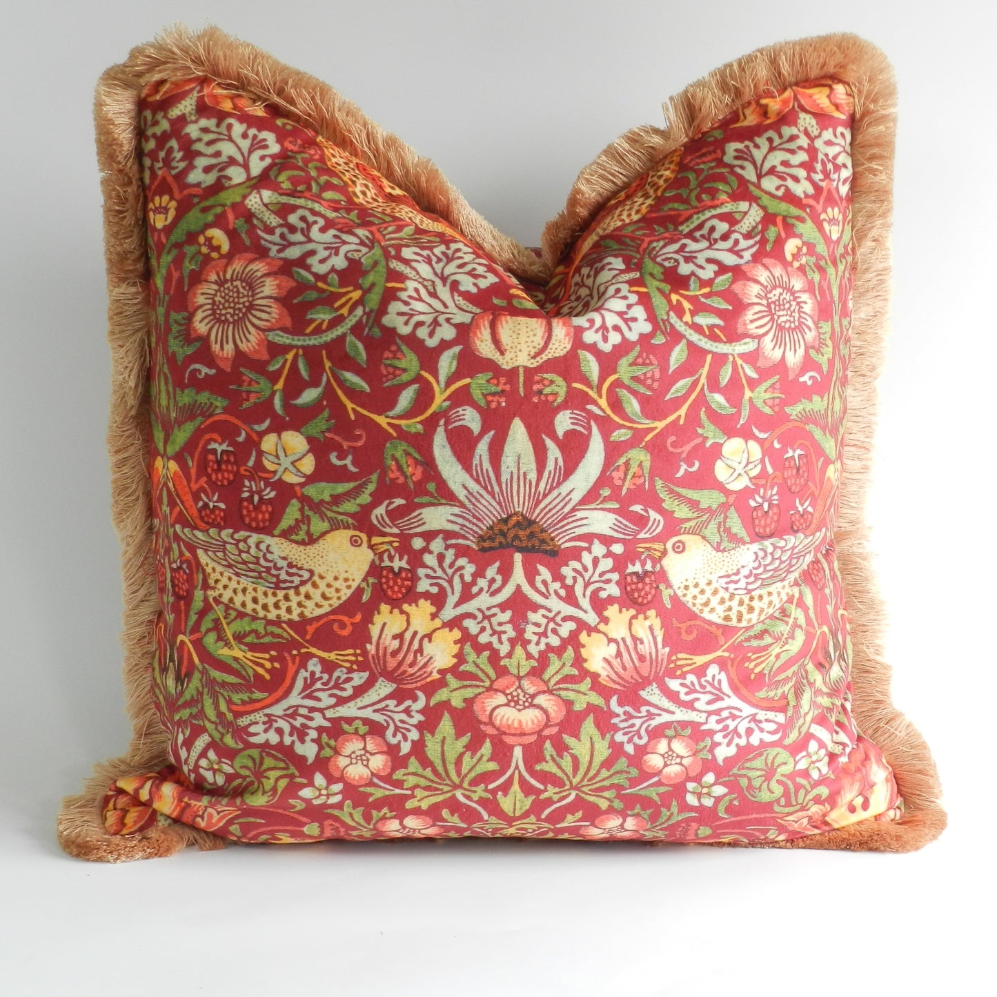 Red Velvet Strawberry Thief Cushion - William Morris Design