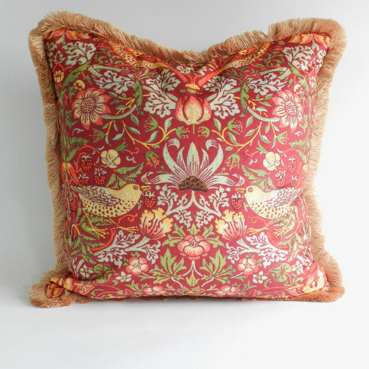 Red Velvet Strawberry Thief Cushion - William Morris Design