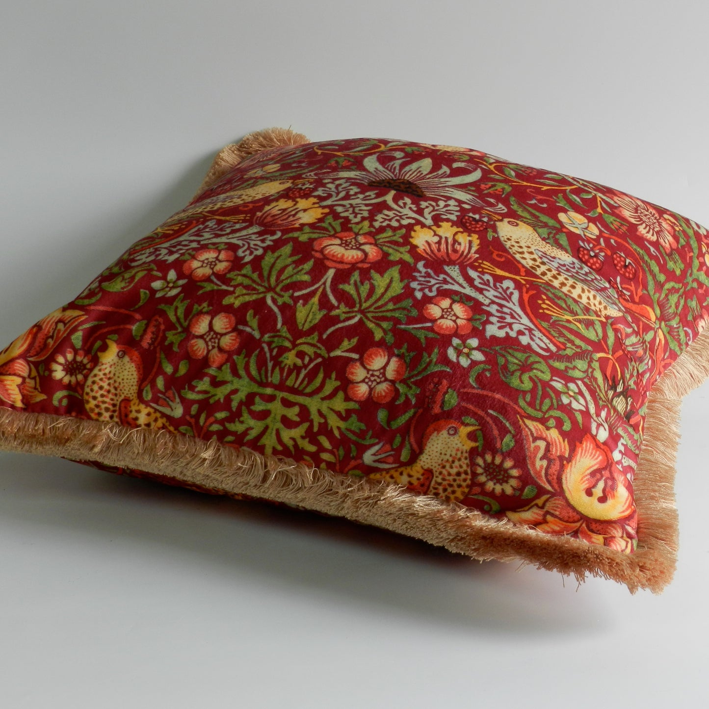 Red Velvet Strawberry Thief Cushion - William Morris Design