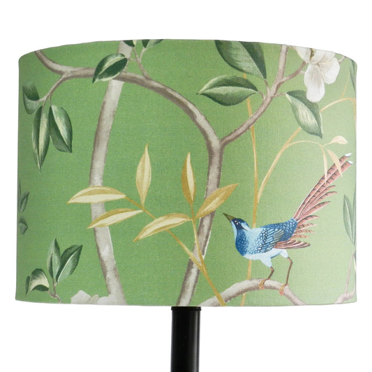 Handmade Chinoiserie Lampshade: Bird & Blossom Green with Gold Lining
