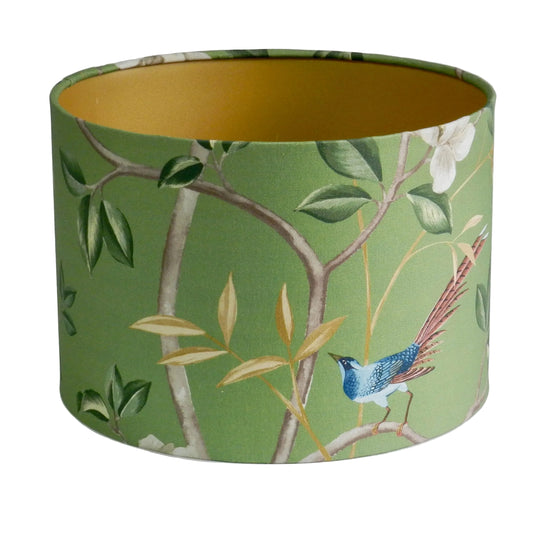 Handmade Chinoiserie Lampshade: Bird & Blossom Green with Gold Lining