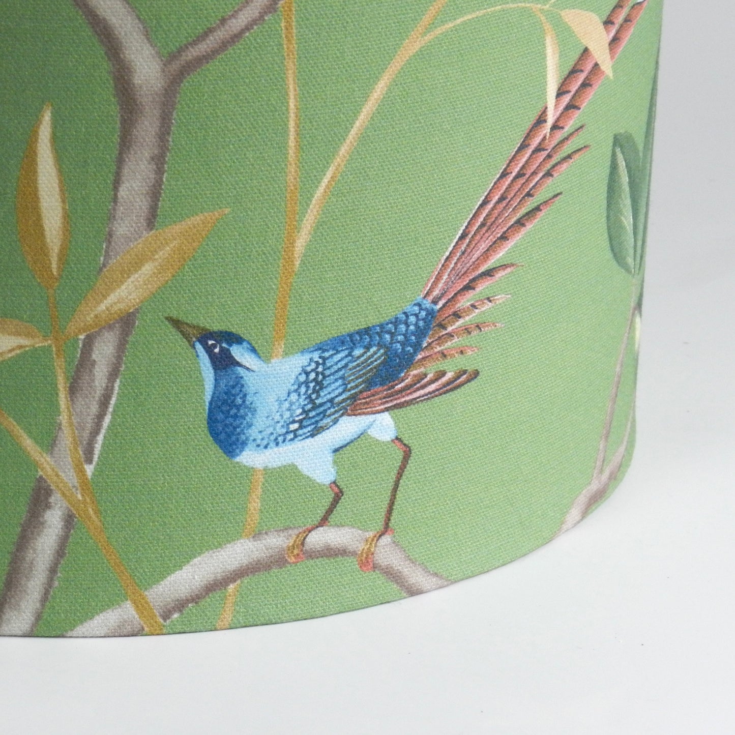 Handmade Chinoiserie Lampshade: Bird & Blossom Green with Gold Lining