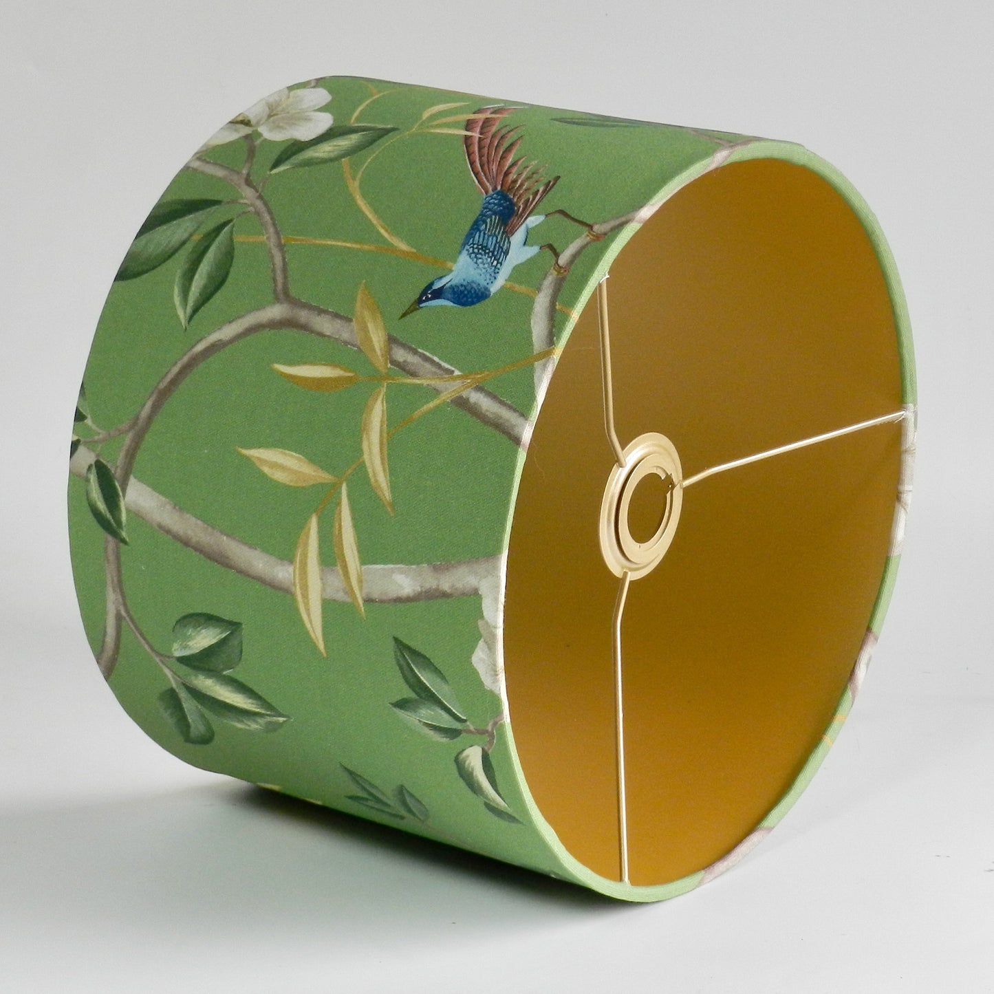 Handmade Chinoiserie Lampshade: Bird & Blossom Green with Gold Lining