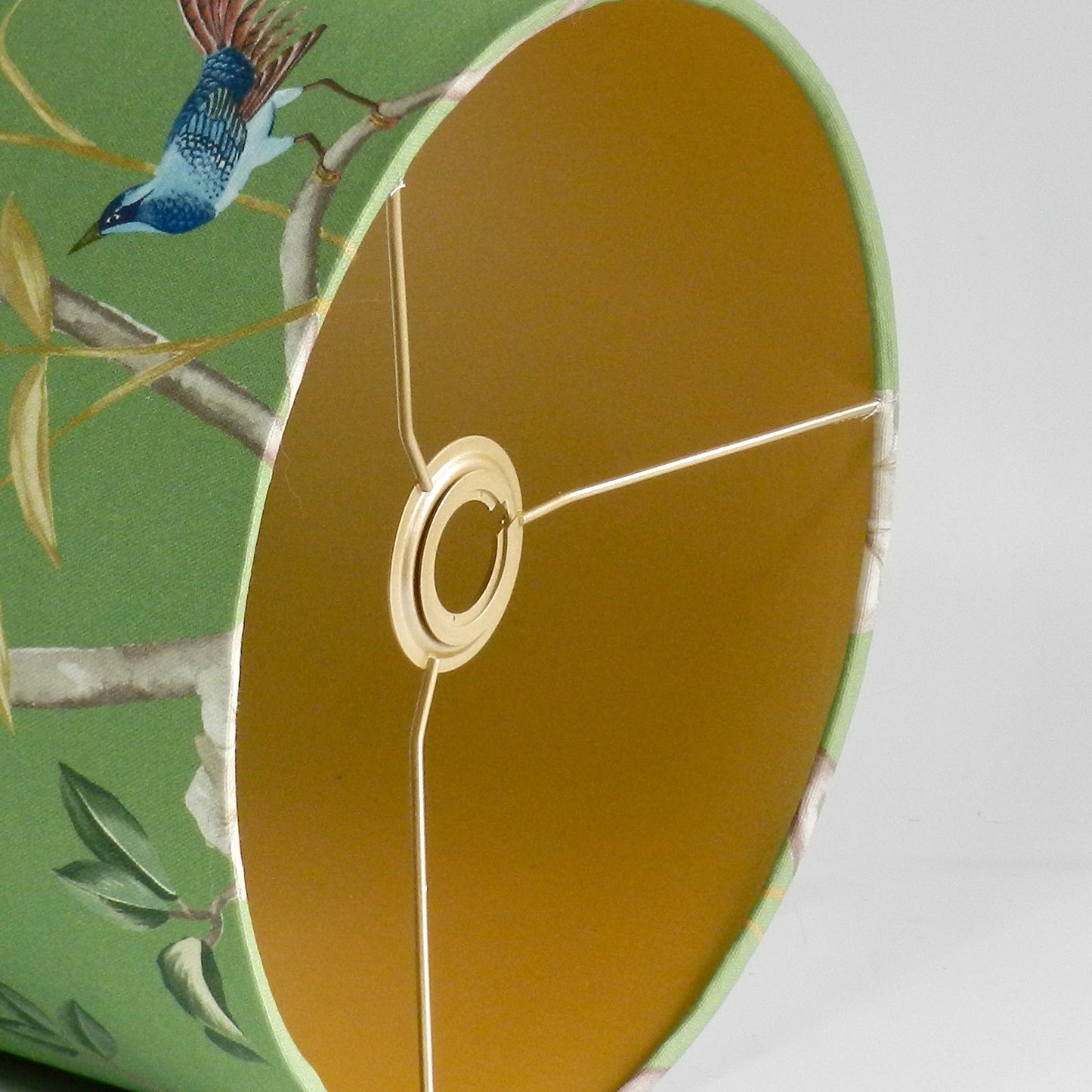Handmade Chinoiserie Lampshade: Bird & Blossom Green with Gold Lining
