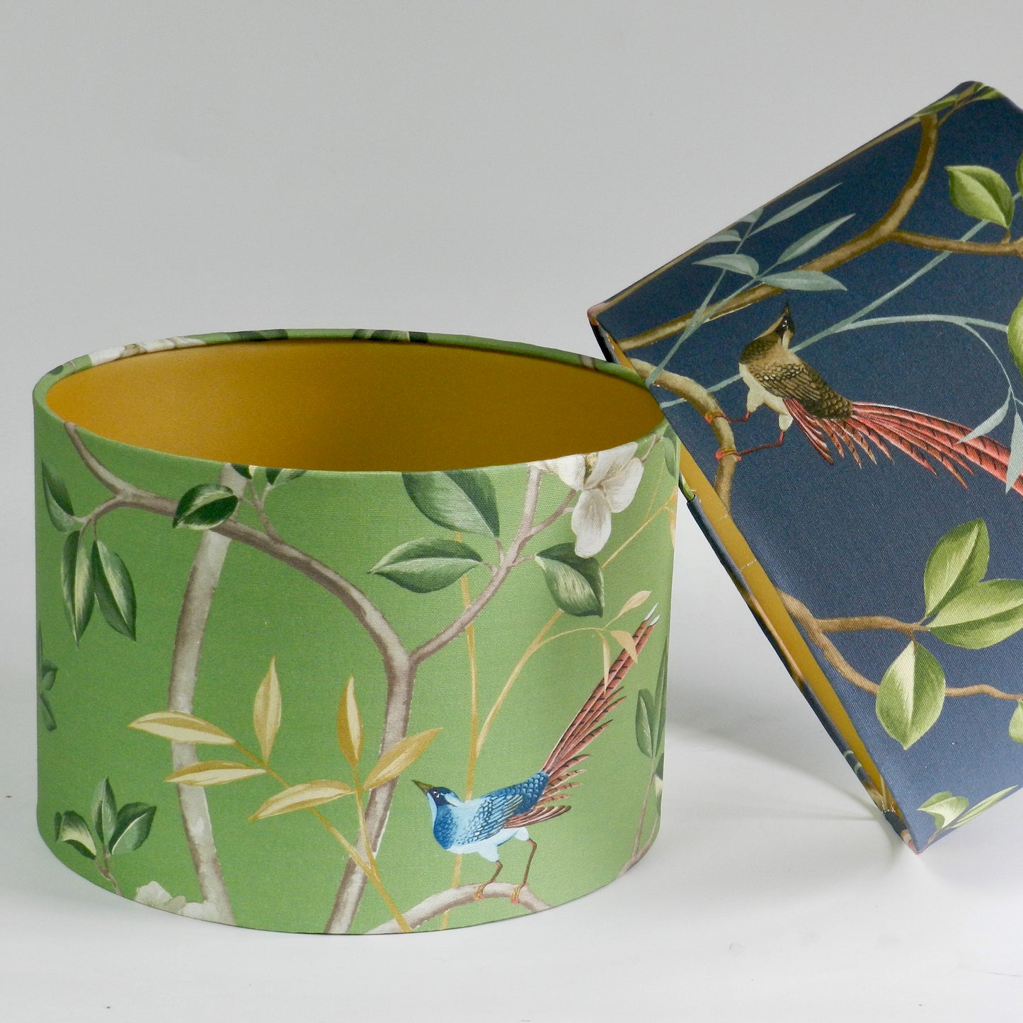 Handmade Chinoiserie Lampshade: Bird & Blossom Green with Gold Lining