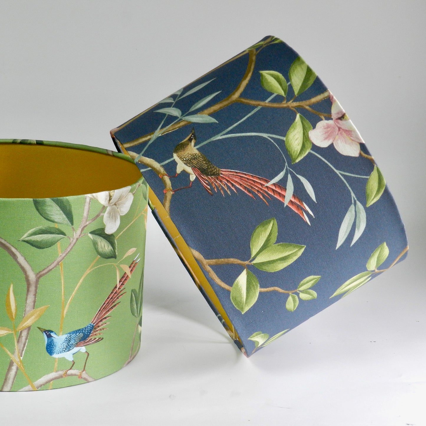 Handmade Chinoiserie Lampshade: Bird & Blossom Green with Gold Lining