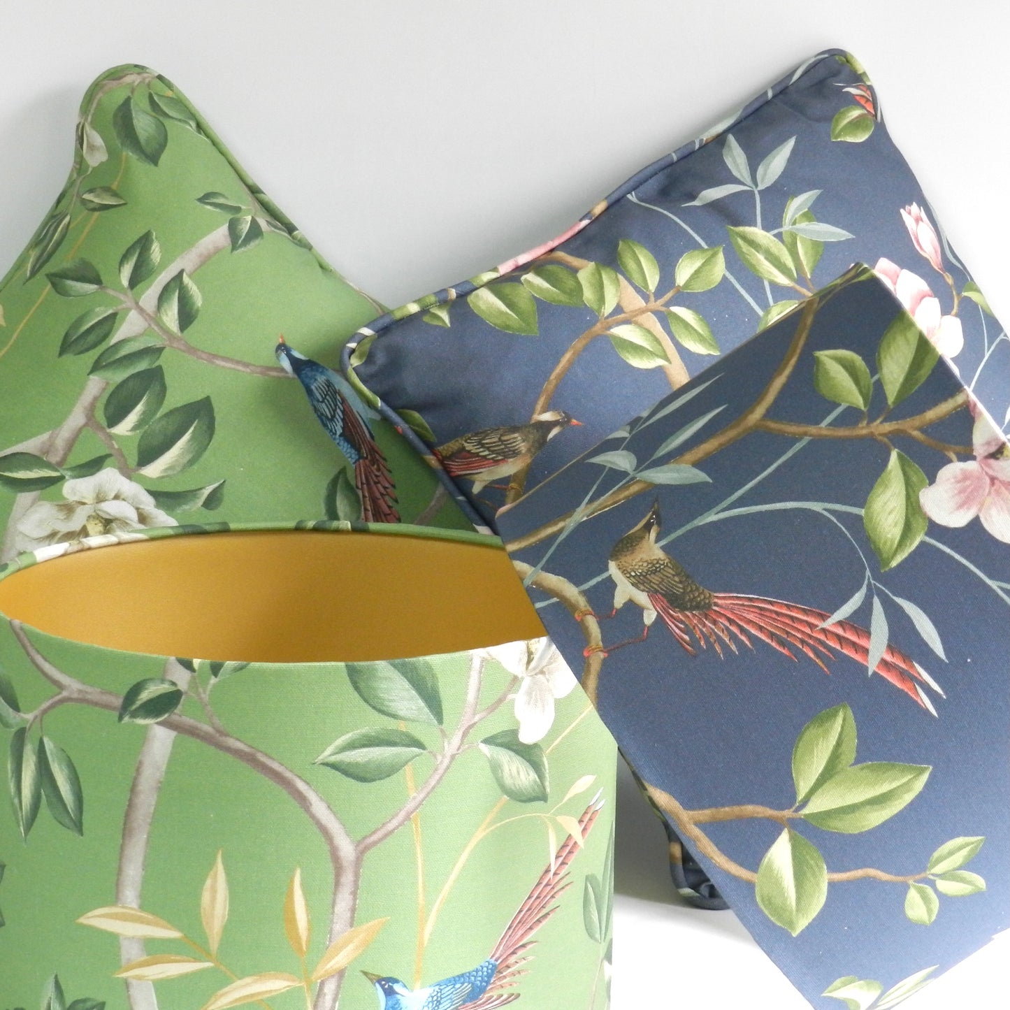 Handmade Chinoiserie Lampshade: Bird & Blossom Green with Gold Lining