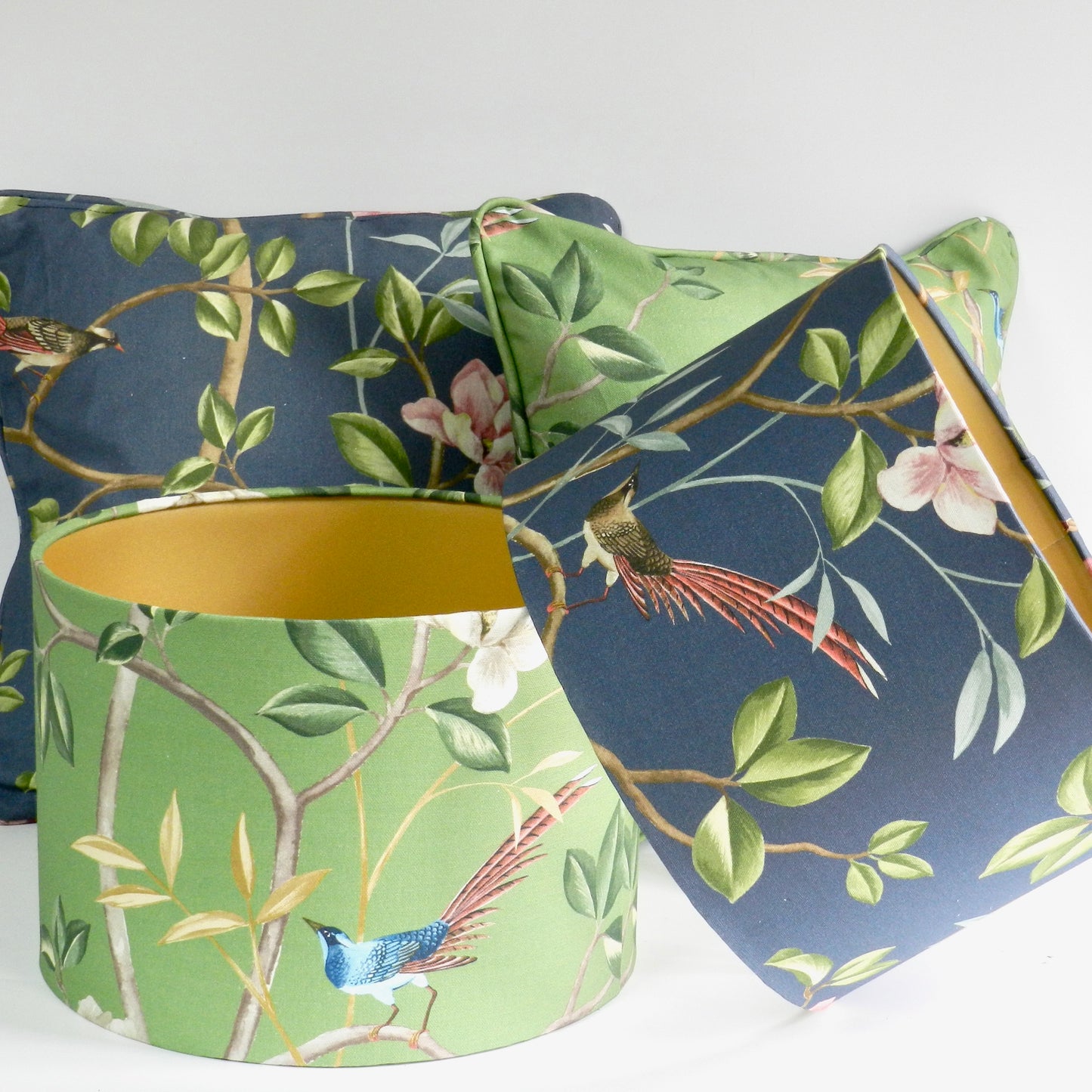 Handmade Chinoiserie Lampshade: Bird & Blossom Blue with Gold Lining