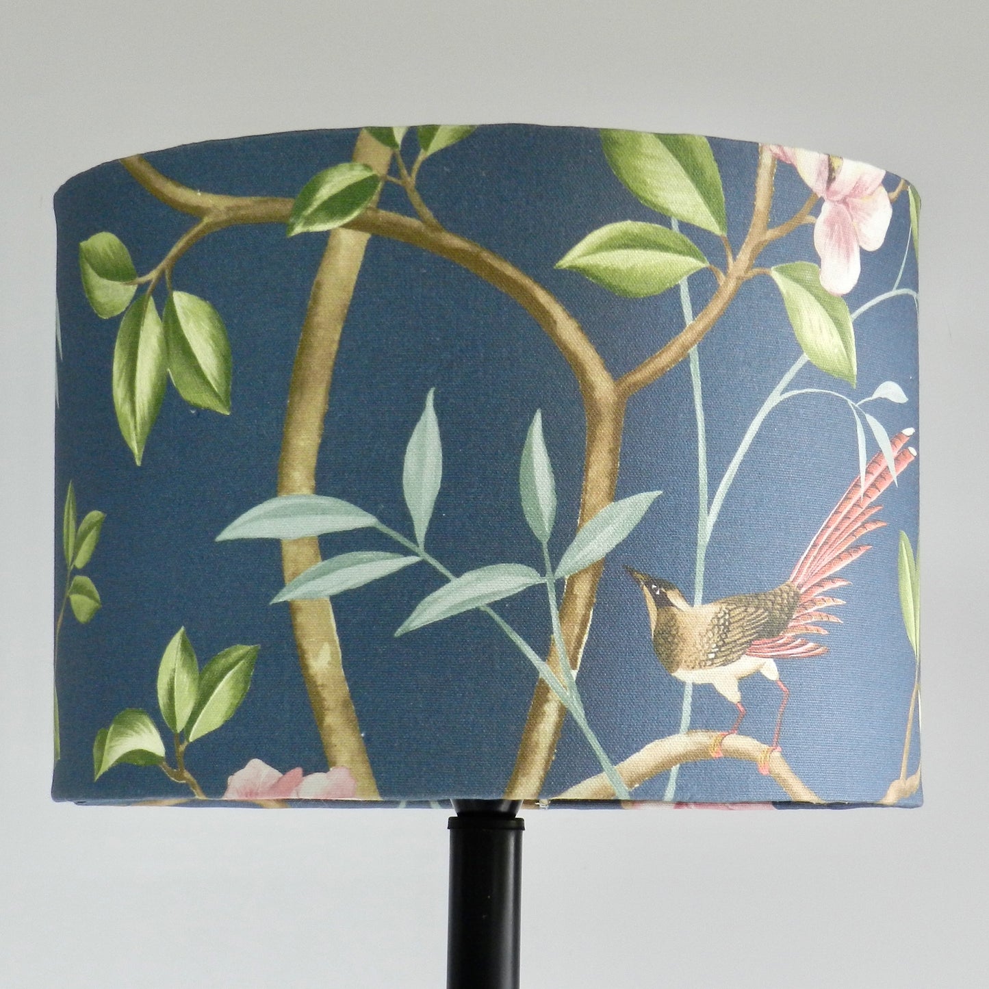 Handmade Chinoiserie Lampshade: Bird & Blossom Blue with Gold Lining