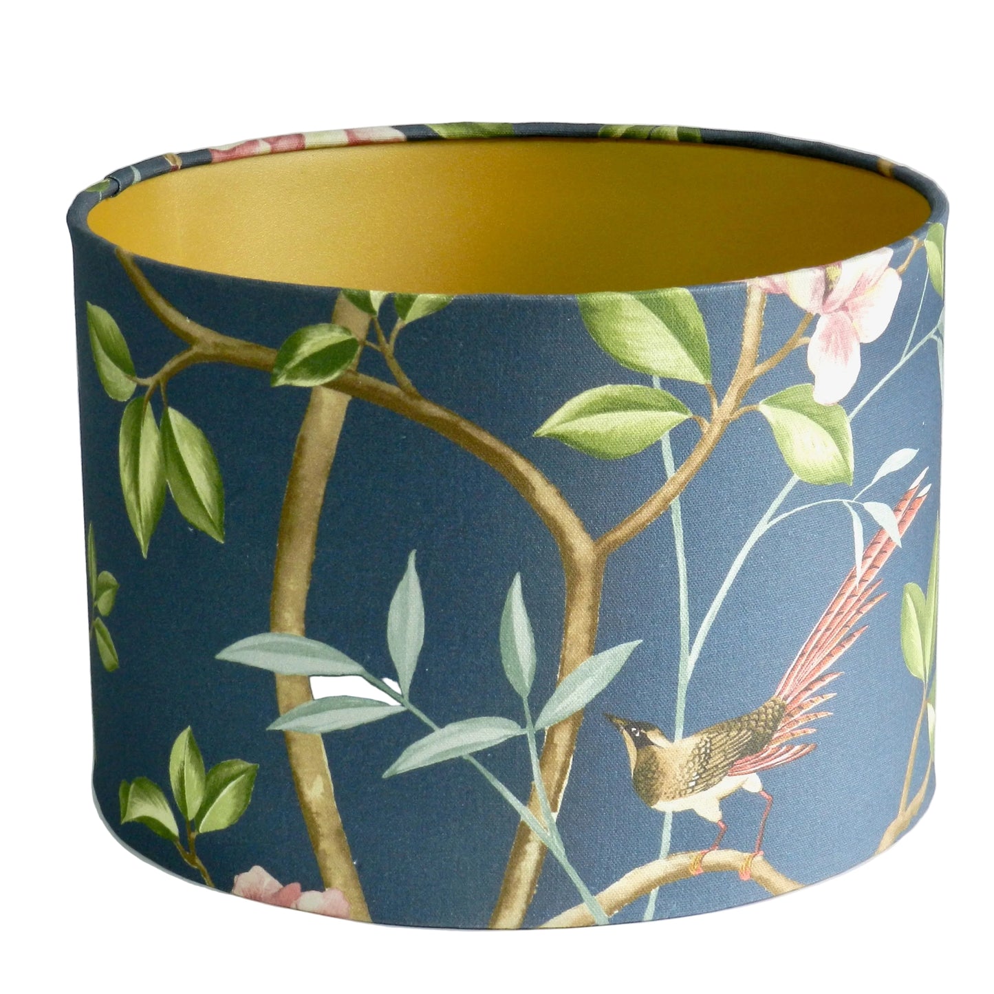 Handmade Chinoiserie Lampshade: Bird & Blossom Blue with Gold Lining