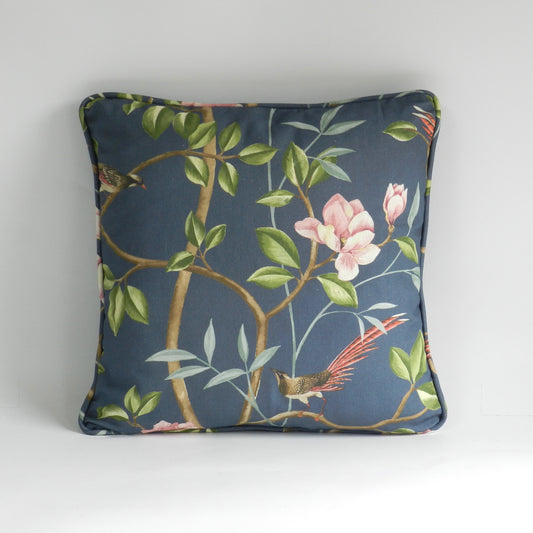 Chinoiserie Bird & Blossom Cushion: Blue Cotton