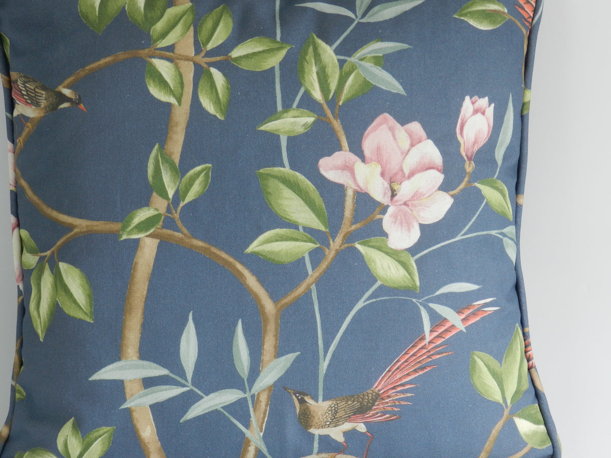 Chinoiserie Bird & Blossom Cushion: Blue Cotton