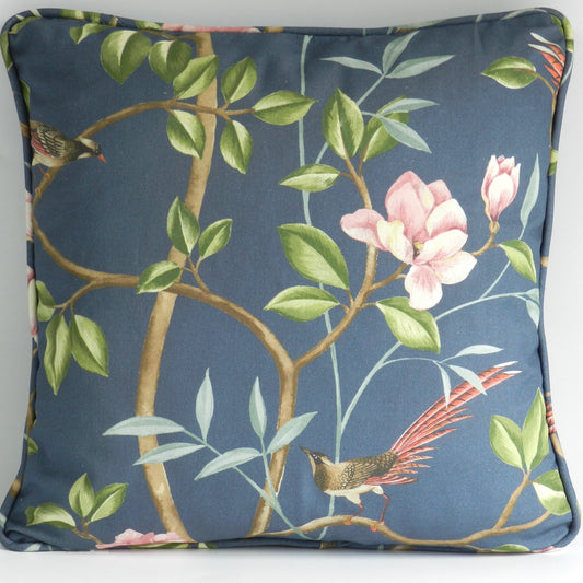 Chinoiserie Bird & Blossom Cushion: Blue Cotton