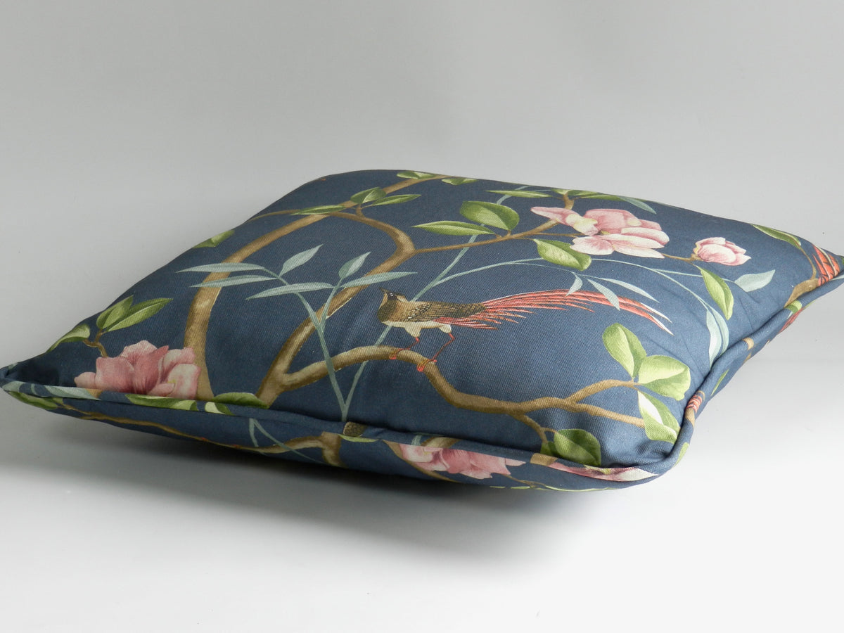 Chinoiserie Bird & Blossom Cushion: Blue Cotton