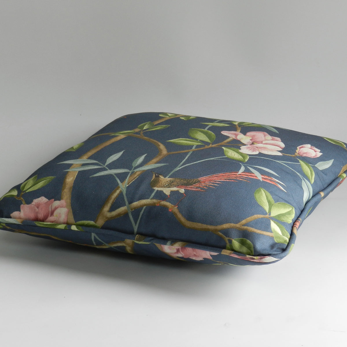 Chinoiserie Bird & Blossom Cushion: Blue Cotton