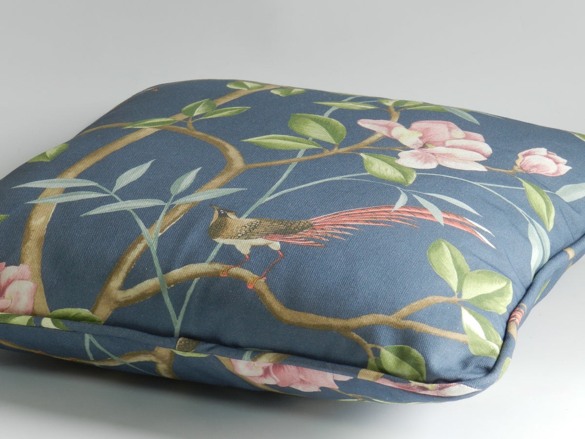 Chinoiserie Bird & Blossom Cushion: Blue Cotton