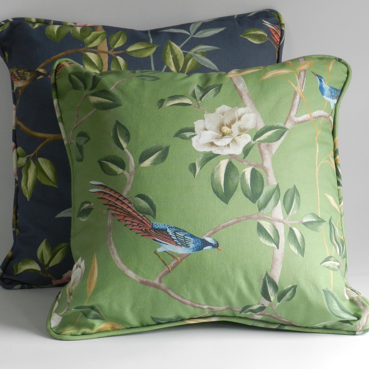 Chinoiserie Bird & Blossom Cushion: Blue Cotton