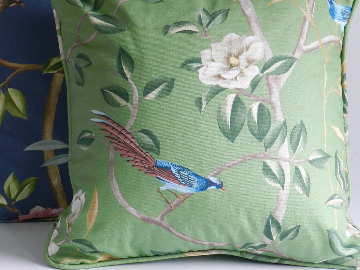 Chinoiserie Bird & Blossom Cushion: Sage Green Cotton
