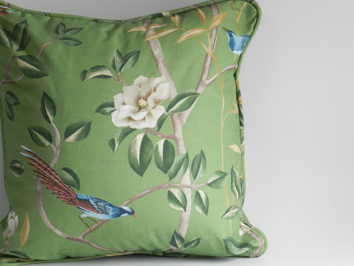 Chinoiserie Bird & Blossom Cushion: Sage Green Cotton