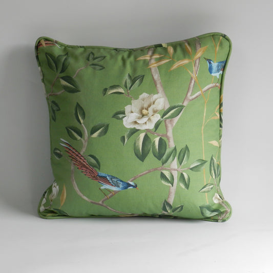 Chinoiserie Bird & Blossom Cushion: Sage Green Cotton