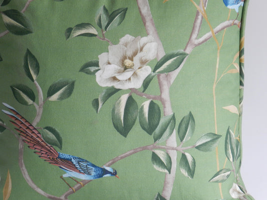 Chinoiserie Bird & Blossom Cushion: Sage Green Cotton