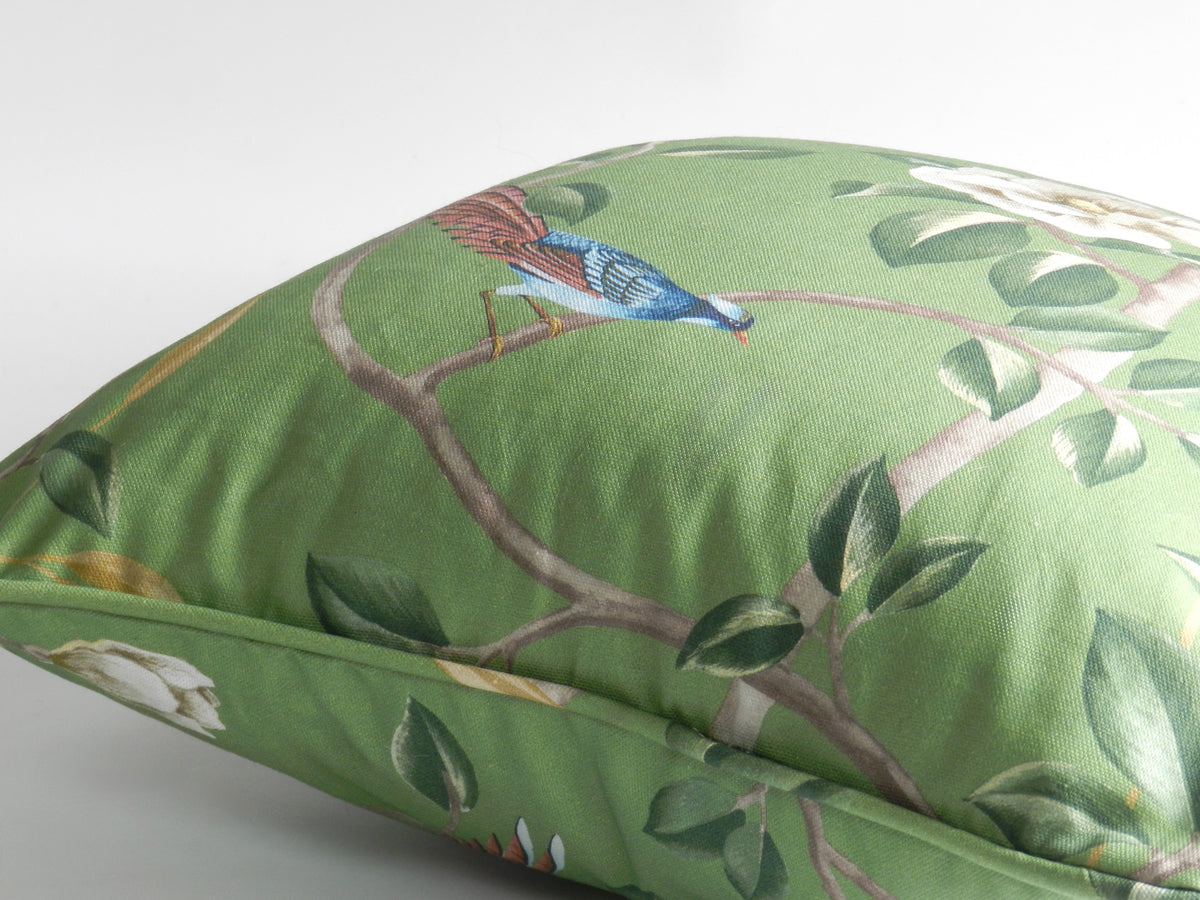 Chinoiserie Bird & Blossom Cushion: Sage Green Cotton