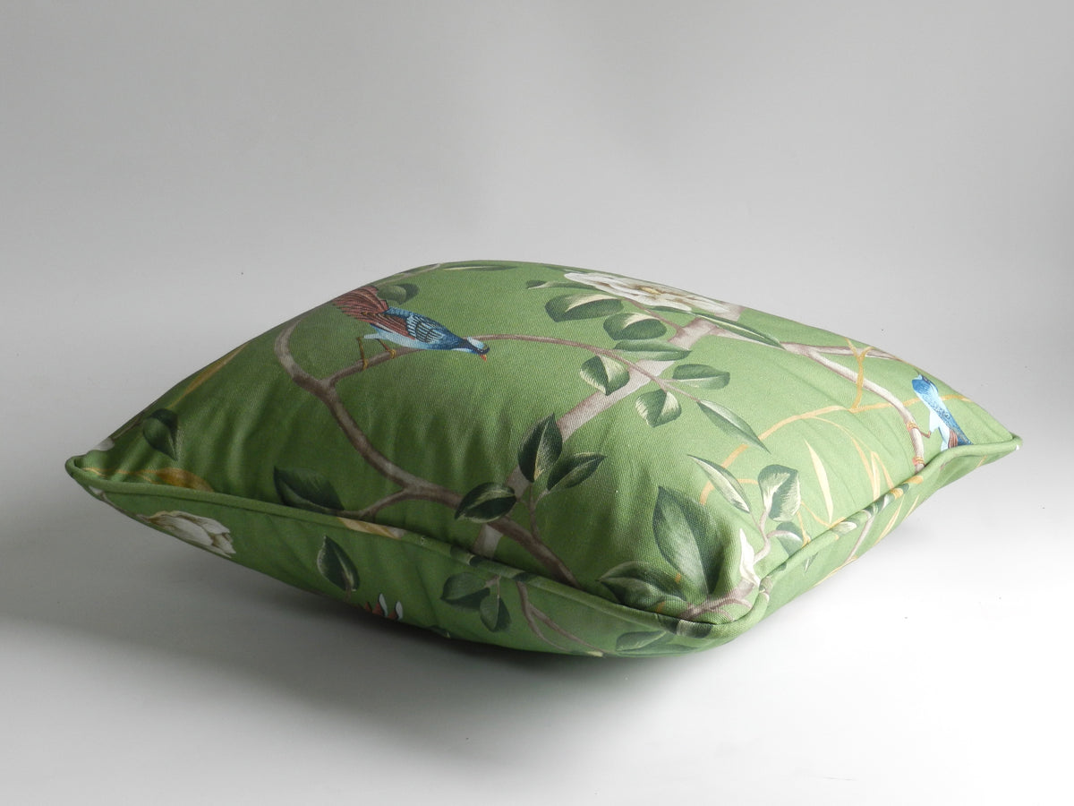 Chinoiserie Bird & Blossom Cushion: Sage Green Cotton