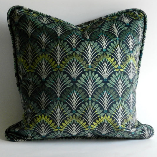 Art Deco Green Velvet Peacock Tail Cushion Cover | Peacock Tail Design - Mid Green - Eclectic Style Throw Cushions
