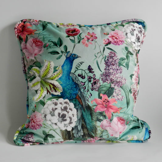 Whimsical Velvet Peacock Cushion Cover - Peacock Floral Design - Eclectic Style - Throw Cushions